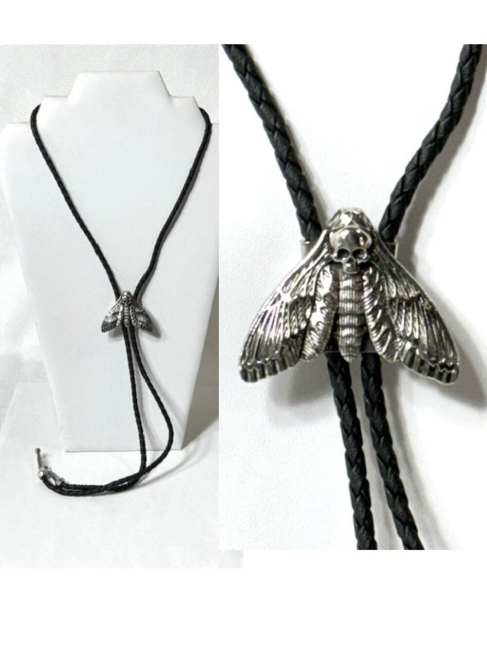 Silver-tone moth, black cord western cowboy bolo tie.